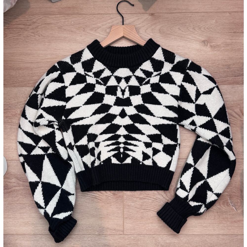 Farm Rio Heart Deco Knit Sweater Black White XS Wool Blend - Picture 6 of 9